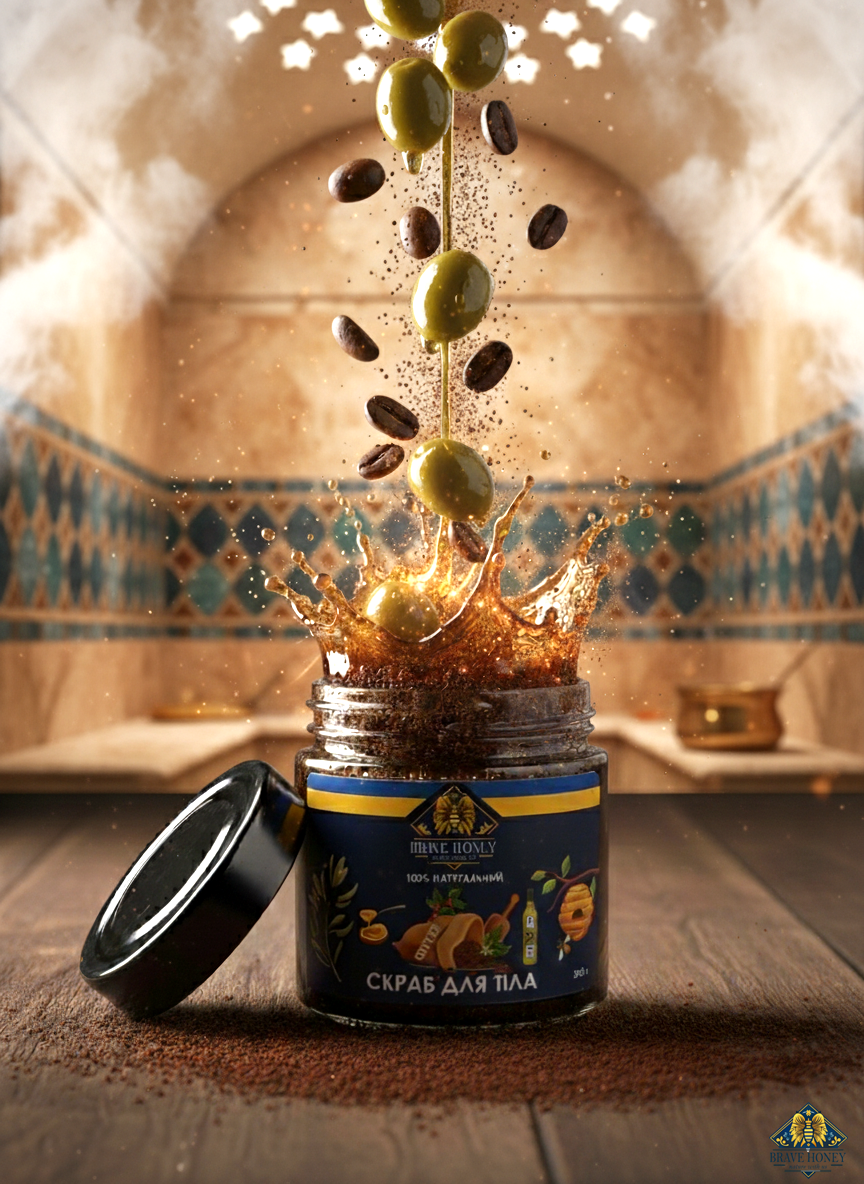 Скраб для тіла на основі меду, оливкової олії та кави