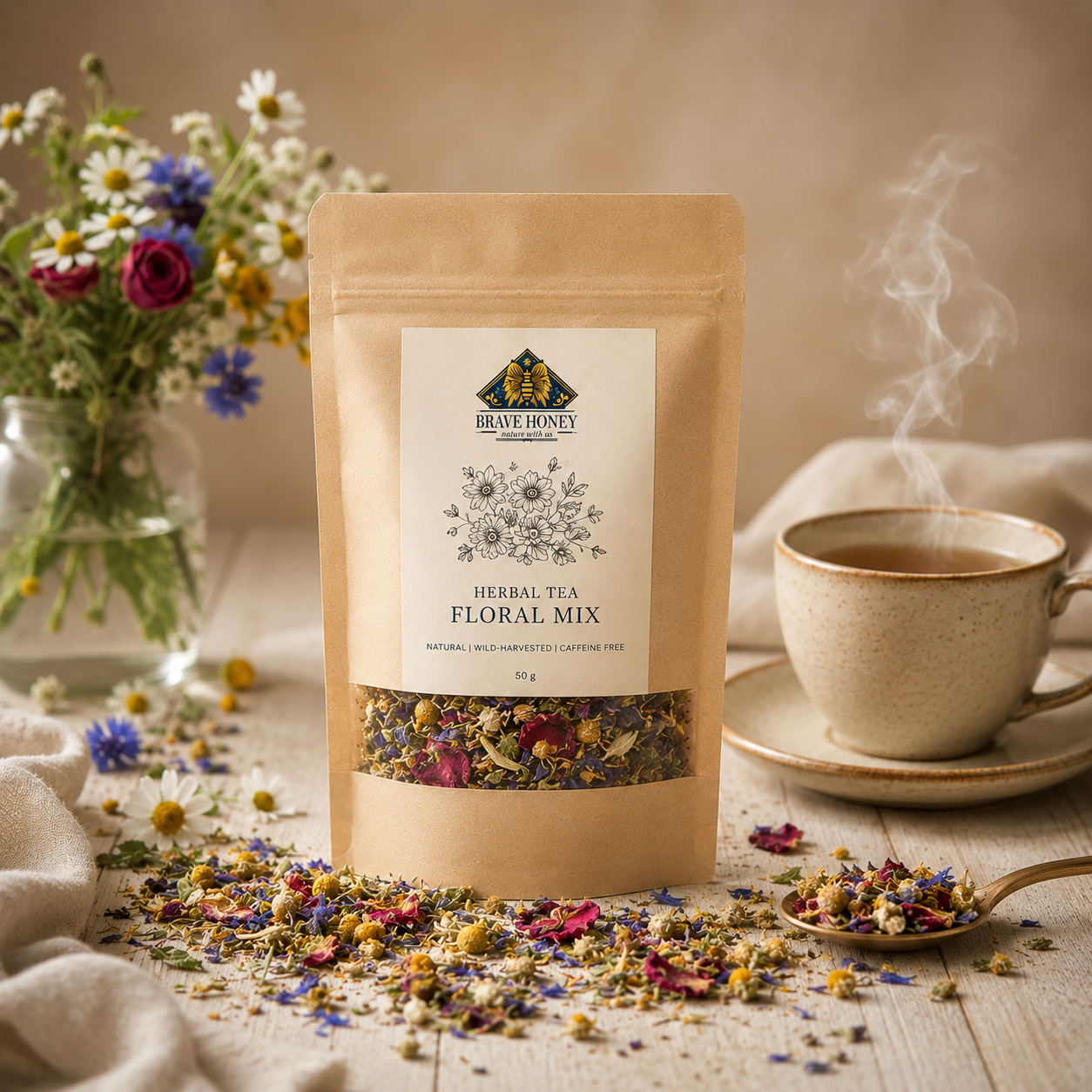 Herbal tea packaging with flowers and a steaming cup on a wooden table