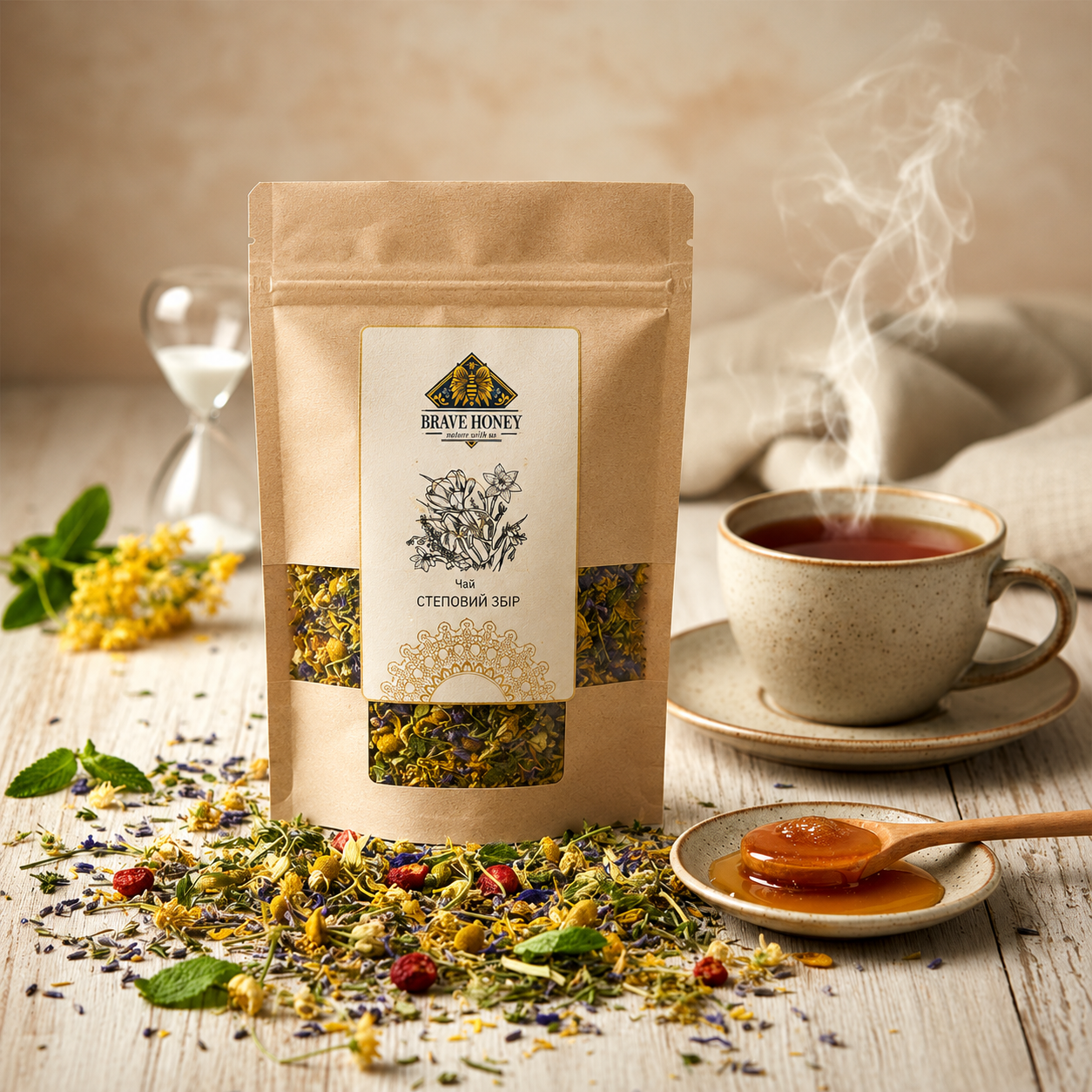 Bag of dried herbs with a cup of steaming tea on a wooden surface